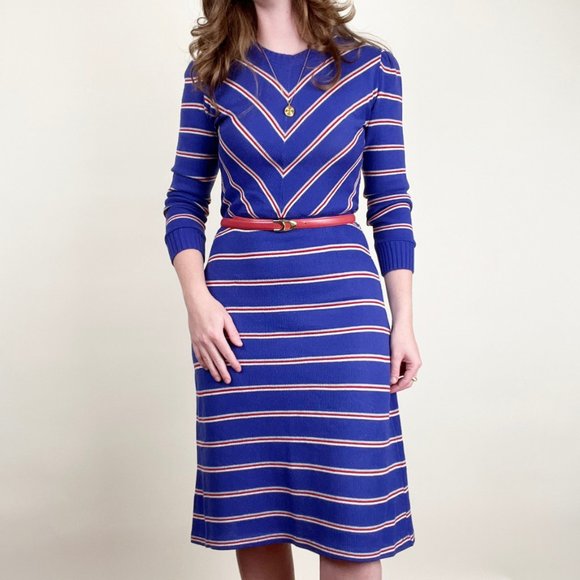 Vintage 70s Striped Ribbed Knit Long Sleeve Midi Sweater Dress Preppy Coastal - Picture 6 of 6